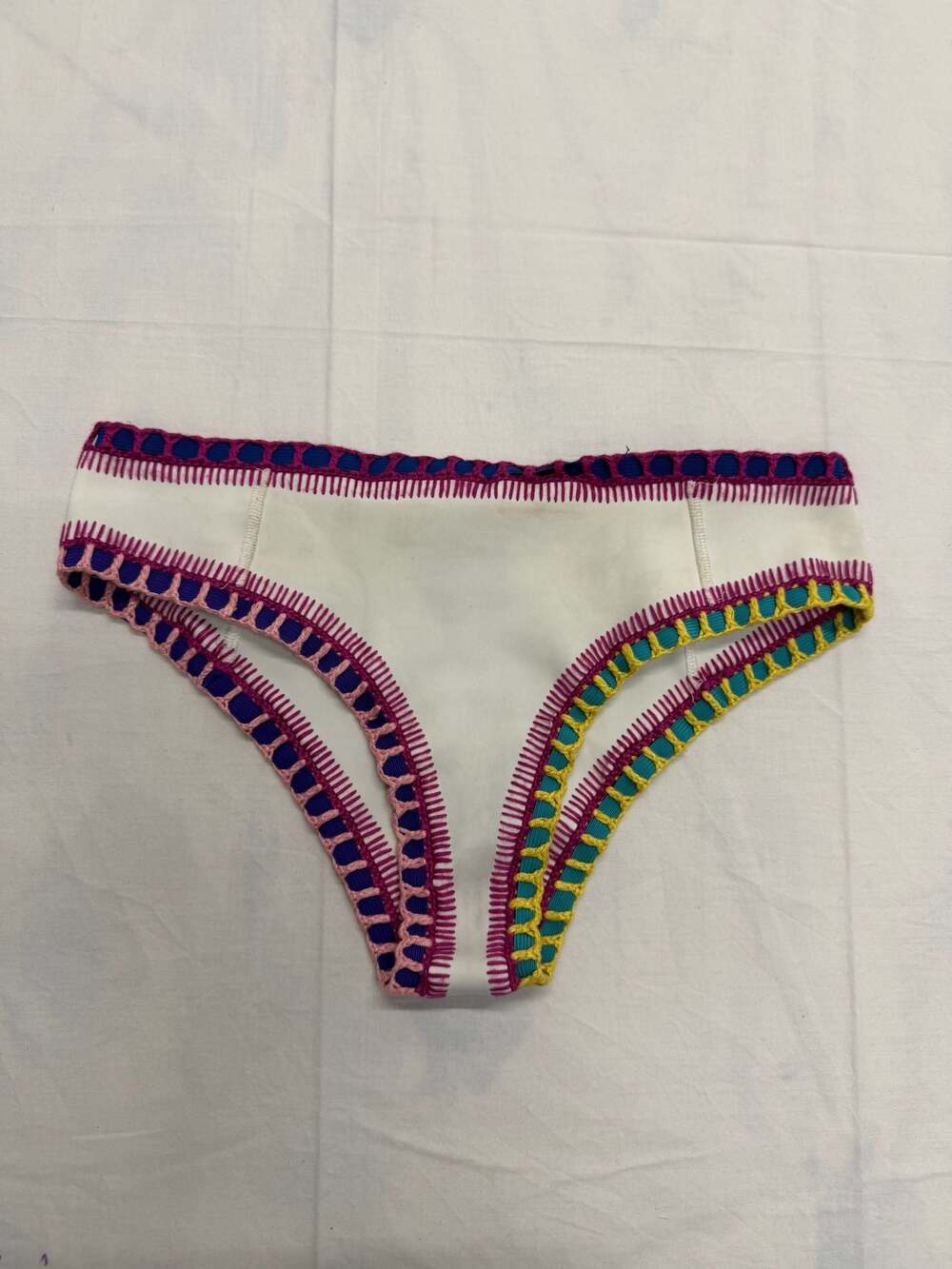 Kiini Yaz Bikini Bottom in White with Multi-Color Crochet Trim
